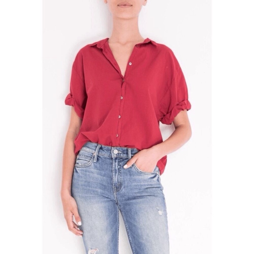 Xirena Channing Rolled Hem Sleeve Magenta Pink Cotton Button Down Blouse M